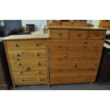 Modern pine bedroom straight front chest of three short and four long drawers, together with another