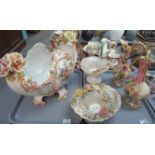 Two trays of assorted china to include: a large floral design centrepiece, two continental porcelain