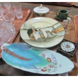 Tray of assorted china to include: pinecone shaped, leaf and fruit design Clarice Cliff shallow dish