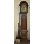 20th Century oak three train longcase clock with brass face, together with a box containing;