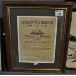 A framed advertising poster 'The Aberystwyth and Aberdyfi Steam Packet Company Limited, The Countess