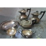 Box of assorted silver plate to include; basket, pedestal dish, coffee pots, sucrier, teapot etc. (