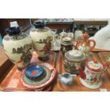 Two trays of mostly Japanese porcelain items to include; a pair of Satsuma style large baluster