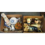 Two boxes of mainly china to include; Wade 'Heath' design graduated dresser jugs, Burleigh ware