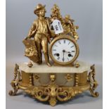 19th century French gilded spelter two train figural mantel clock. 34 cm high approx. (B.P. 21% +