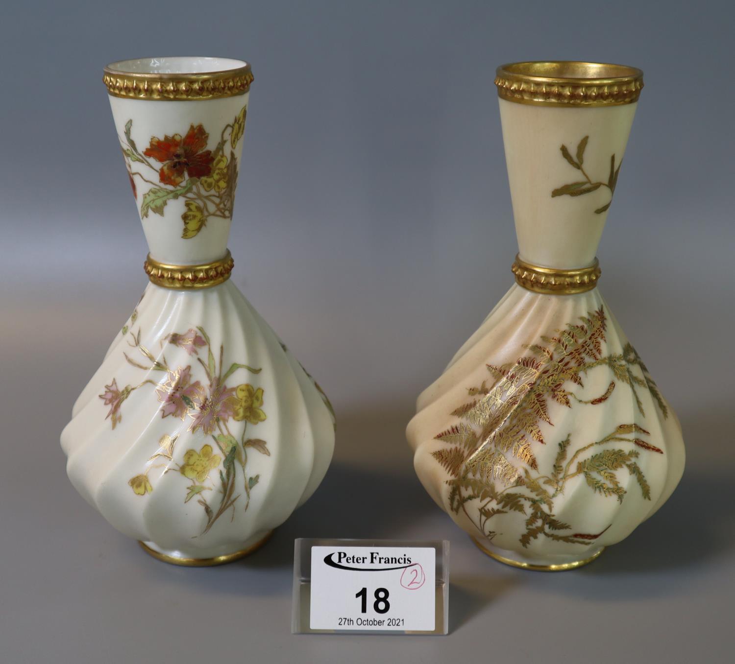 Pair of Royal Worcester bone china blush ivory vases, wrythen moulded with hand painted and gilded