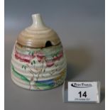 Hand painted pottery honey jar in the style of Clarice Cliff, probably with an associate lid. (B.