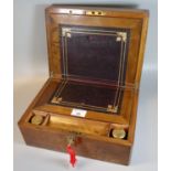 Small Victorian brass bound walnut writing slope with tooled leather surface and ink wells. 29cm