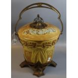 Art Nouveau design metal mounted china pail with overall floral decoration, swing handle and