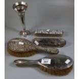 Bag of assorted silver items to include; trumpet vase with loaded base and ladies vanity brushes