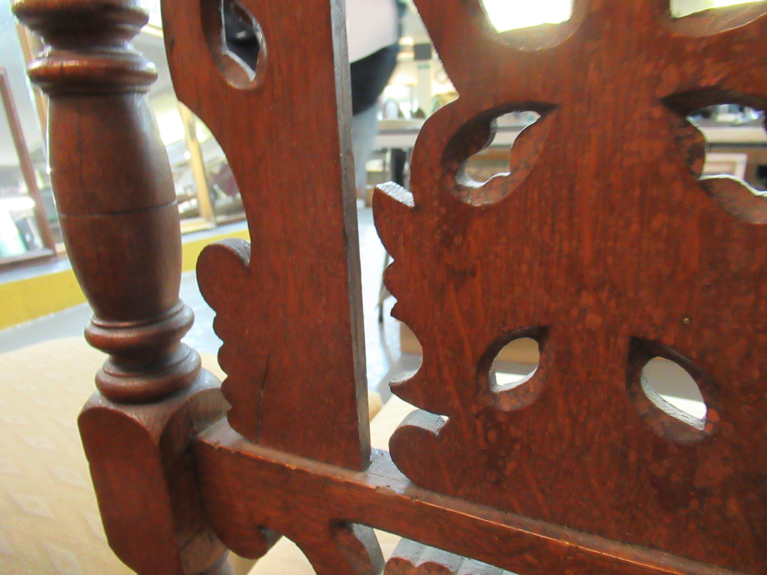 A pair of 20th Century heavily carved high back hall chairs with stuff over seats, standing on - Image 9 of 10