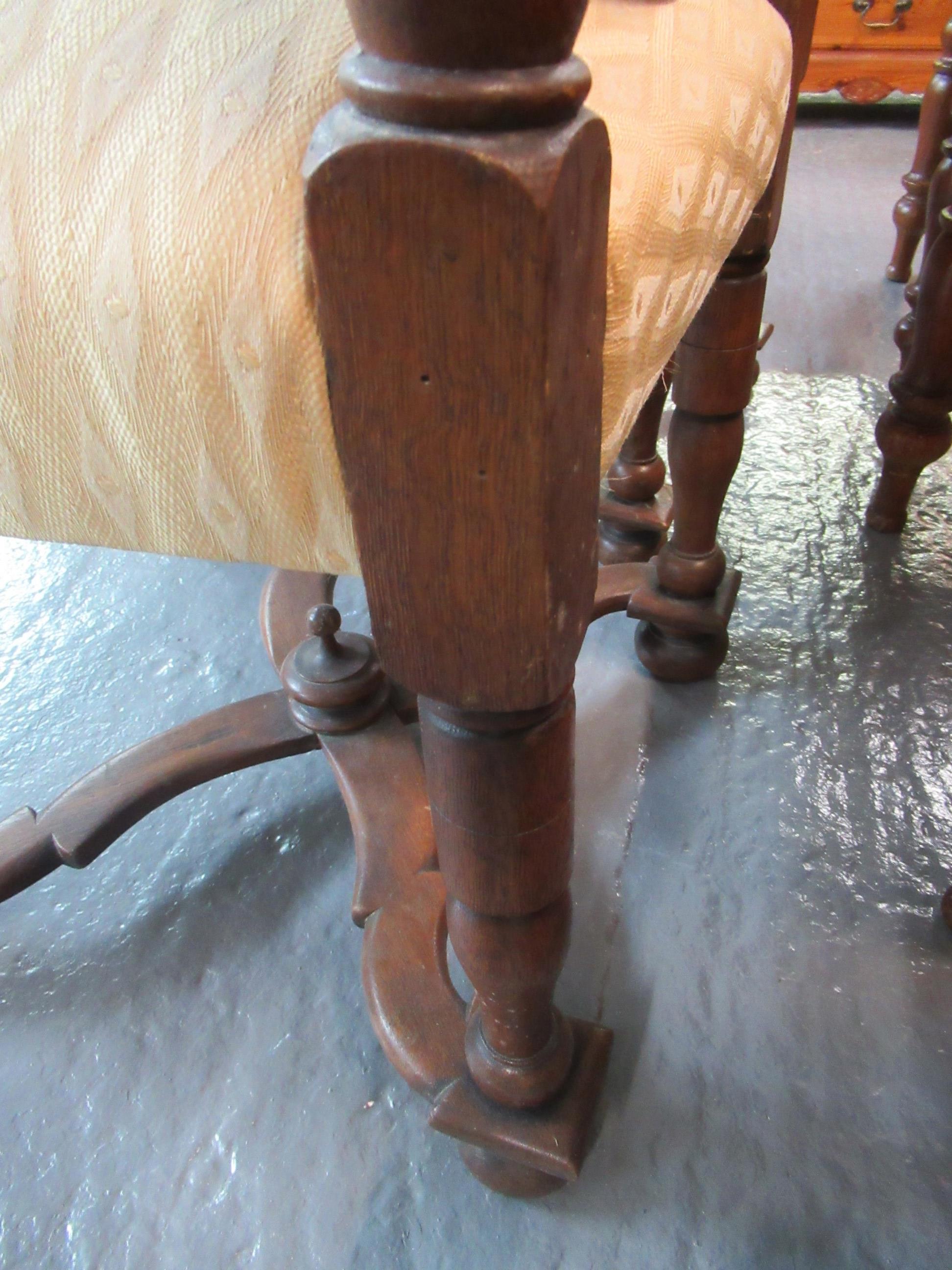 A pair of 20th Century heavily carved high back hall chairs with stuff over seats, standing on - Image 10 of 10