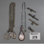Collection of silver jewellery including a double chain with two fobs, three T bars and a clasp.
