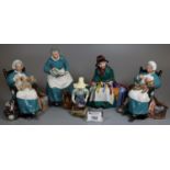 Five Royal Doulton bone china figurines to include; 'Silks and Ribbons', 'The Favourite', 'Nanny'