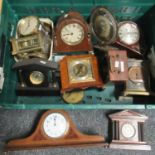 Box of assorted clocks and clock parts to include; various mantel clocks, some with wooden cases and