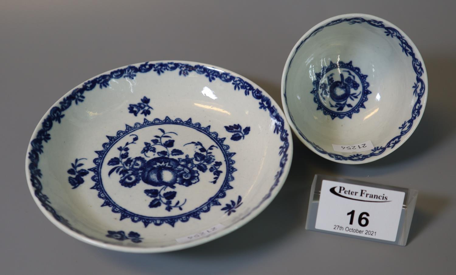 First period Worcester porcelain tea bowl and saucer, crescent mark to the underside, 18th