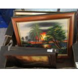Box of assorted furnishing paintings and prints to include: two hunting prints drawn and engraved by
