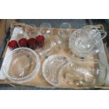 Box of assorted glassware to include; crescent shaped trinket trays, lemonade jug, cut glass