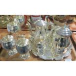 Box of white metal and EPNS items to include: tea and coffee pots decorated with chased engraving,