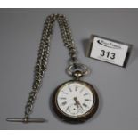 Continental silver open face pocket watch with enamel face and Roman numerals and chased
