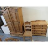 Modern Mexican style pine bedroom suite comprising; two door blind panelled wardrobe, four drawer