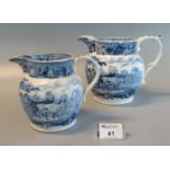 Two Swansea Pottery blue and white transfer printed 'Drovers' pattern, baluster shaped jugs,