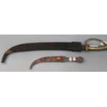 19th Century brass hilted steel bladed cutlass with leather covered scabbard. Together with an