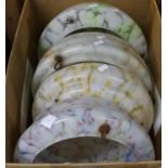 Box containing four vintage 1930s 'fly catcher' marbled glass, ceiling light shades: one green,