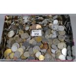 Tin box of British and continental coins, various. (B.P. 21% + VAT)