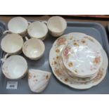 Tray of floral design teaware including; teacups, saucers, small plates and serving plate etc. (B.P.