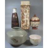 Collection of art pottery to include; lidded jar, small bowl, conical shaped vase etc. (5) (B.P. 21%