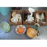 Three boxes of assorted mostly china to include; a floral design Spanish porcelain serving tray,