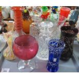 Tray of glassware to include; two cut glass decanters with stoppers, various cut glass vases in