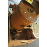 Box containing a large brown tin top hat box, together with brass and copper fireside items