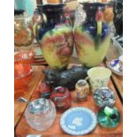 Tray of assorted items to include; three decorative glass paperweights, a Belleek Ireland mug, a