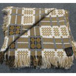 Vintage woollen Welsh tapestry blanket with fringed edges and 'Derw Product, Made in Wales'