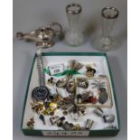 Tray of oddments to include a pair of hobnail cut vases with silver rims, silver plated genie type