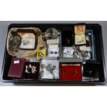 Tray of assorted silver and other items; pin badges, dishes, odd spoons etc. (B.P. 21% + VAT)
