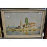 Robert Simmons, Greek island scene with tourists, church and boat, signed and dated '74,