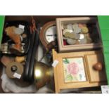 Box of oddments to include: various coins, mahogany boudoir-shaped mantel clock, vintage cork screw,