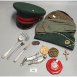 Box of militaria to include; assorted berets, a dress cap, National Fire Service plaque, bosun's