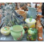 Tray of assorted china to include; Carlton Ware milk jug and preserve pot, Japanese ceramic jam pot,