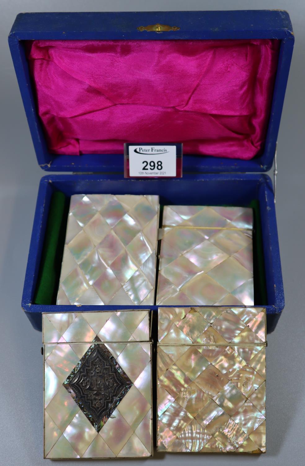 Three mother of pearl card cases and a mother of pearl purse in hard box. (B.P. 21% + VAT)