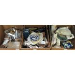 Three boxes of assorted china and metalware to include: metal lidded serving dishes, a square