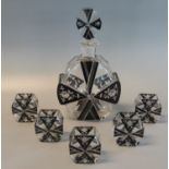 Art Deco design clear and black glass floral and foliate decanter and stopper with a set of 5