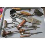 Tray of antique and vintage tools mostly with turned wooden handles to include; candle snuffers,