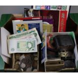 Tray of assorted coins including; crowns and other British coins, money boxes and a group of