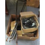 Box of assorted items to include; outdoor lights, vintage clamps on long metal poles etc. (B.P.