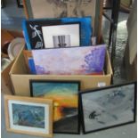 Two boxes of furnishing pictures to include: an abstract watercolour by June Tiley, a limited