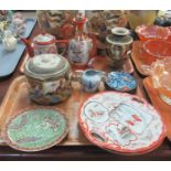 Two trays of mostly Japanese porcelain items to include; a pair of Satsuma style large baluster